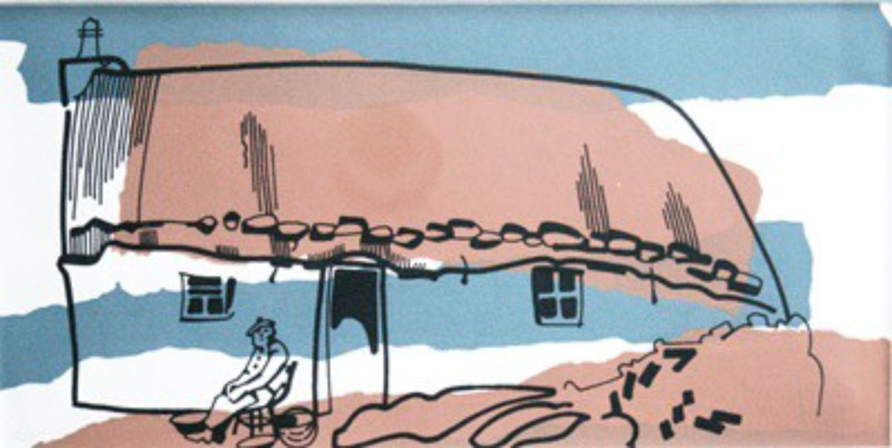 Picture of Croft Cottage & Seated Man by Marjorie I Campbell